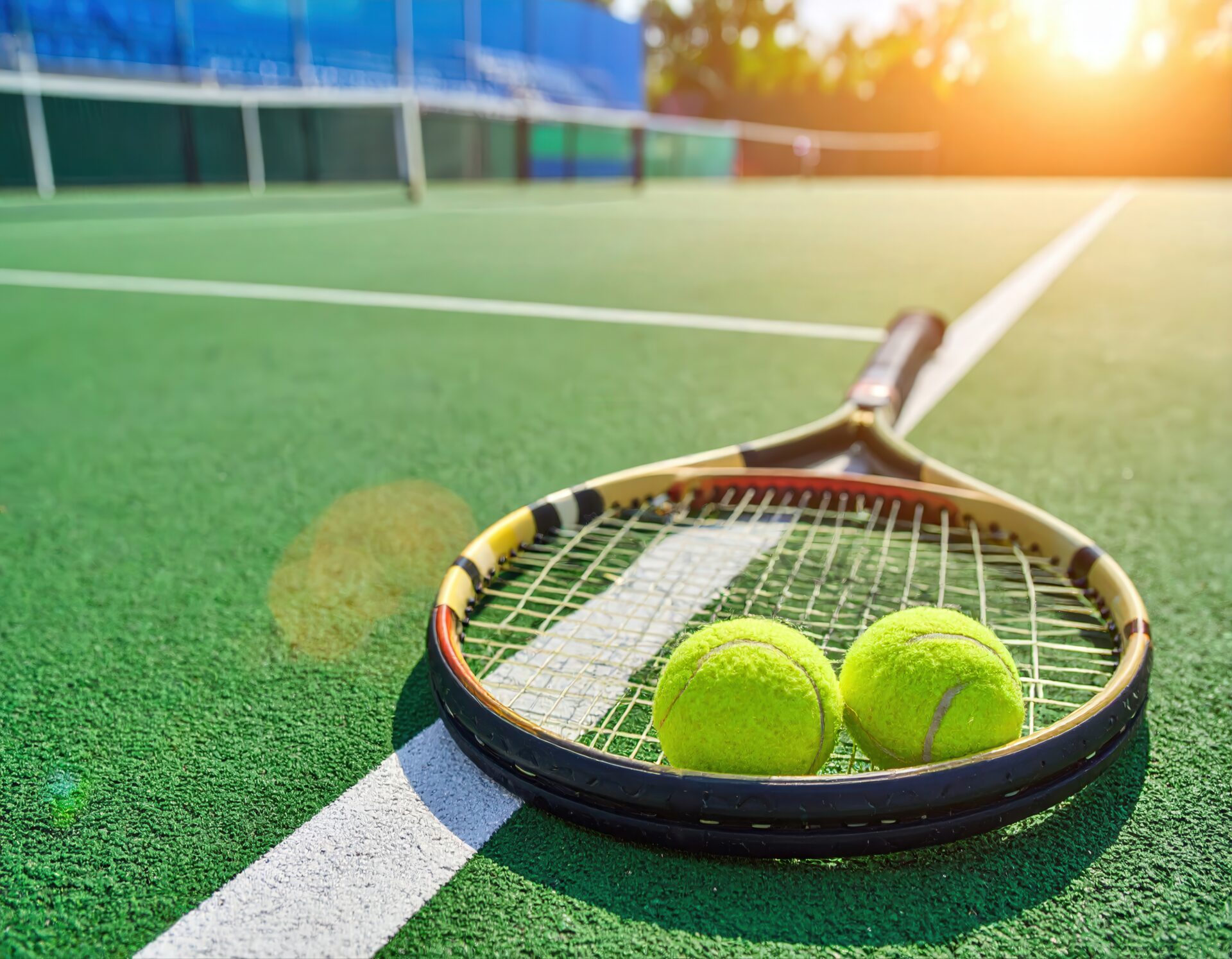 ラケットとテニスボールと朝日