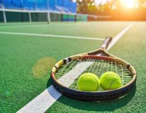 ラケットとテニスボールと朝日