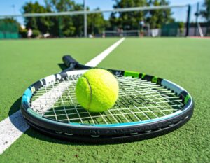 テニスラケットとボールのクローズアップ