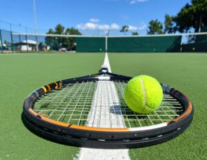 ネット前に置かれたラケットとボール