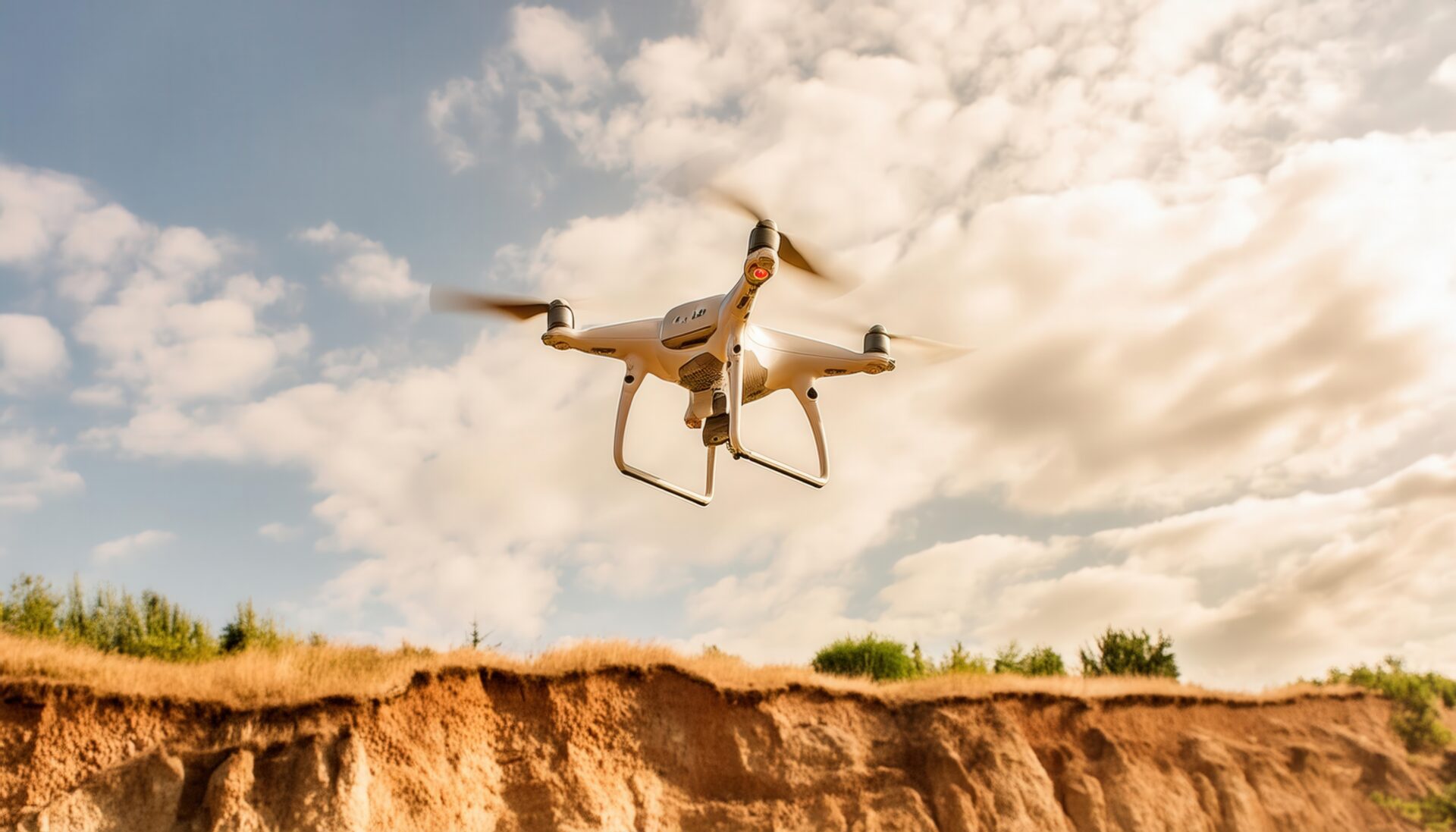 崖の近くで飛ぶ白いドローン