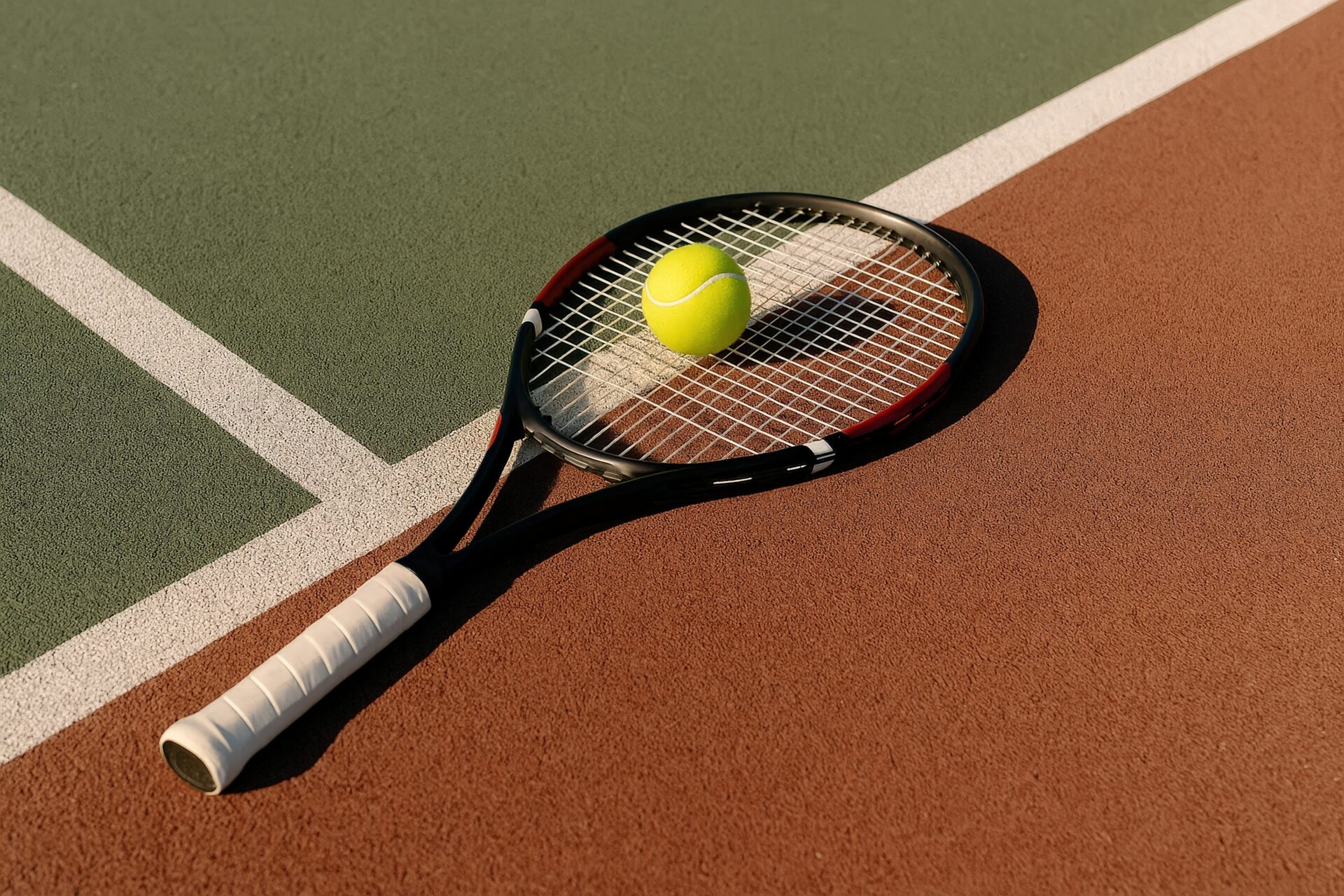 赤茶色のコートに置かれたラケットとボール