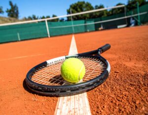 クレイコートに置かれたラケットとテニスボール