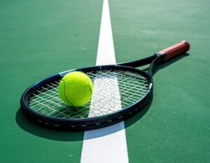 テニスラケットと白線の上のボール