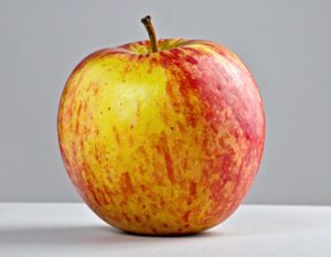 グレー背景に置かれた赤と黄色のリンゴ