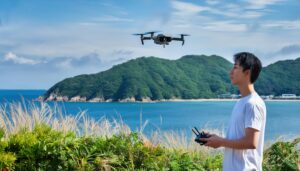 海辺でドローンを操作する男性