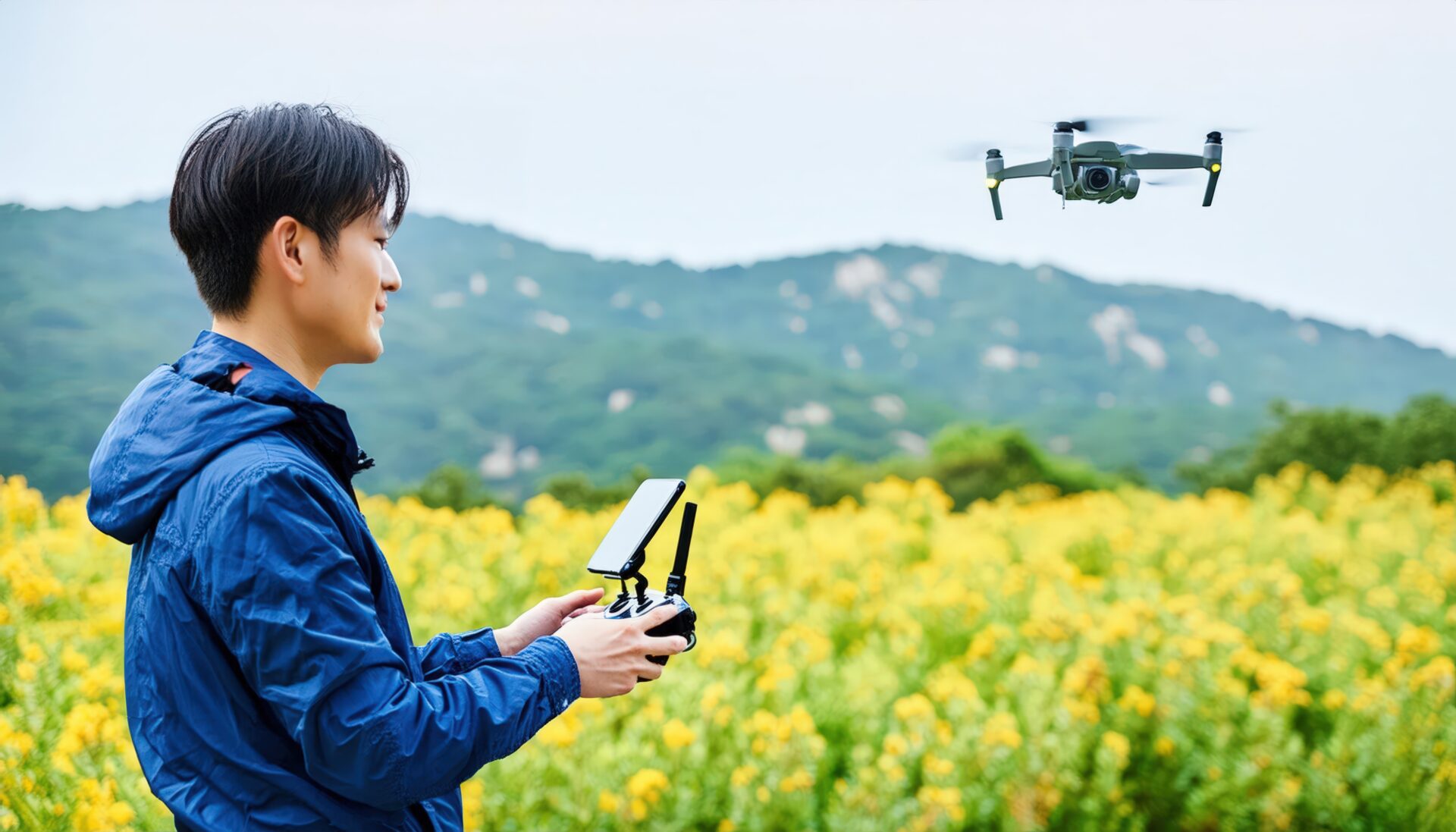 菜の花畑でドローンを操作する男性
