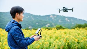 菜の花畑でドローンを操作する男性