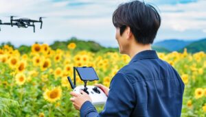 ひまわり畑でドローンを操作する男性