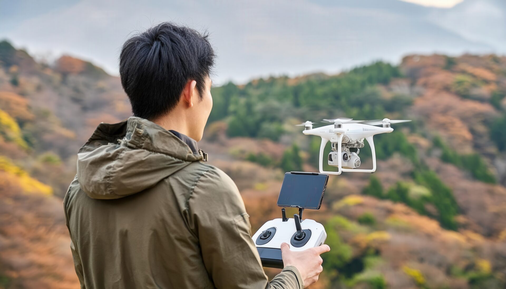 秋の山間でドローンを操作する男性