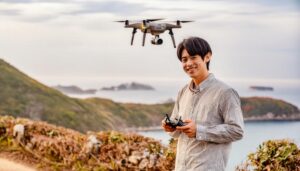 海を背景にドローンを操作する男性