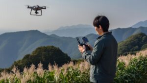 山間でドローンを操作する男性