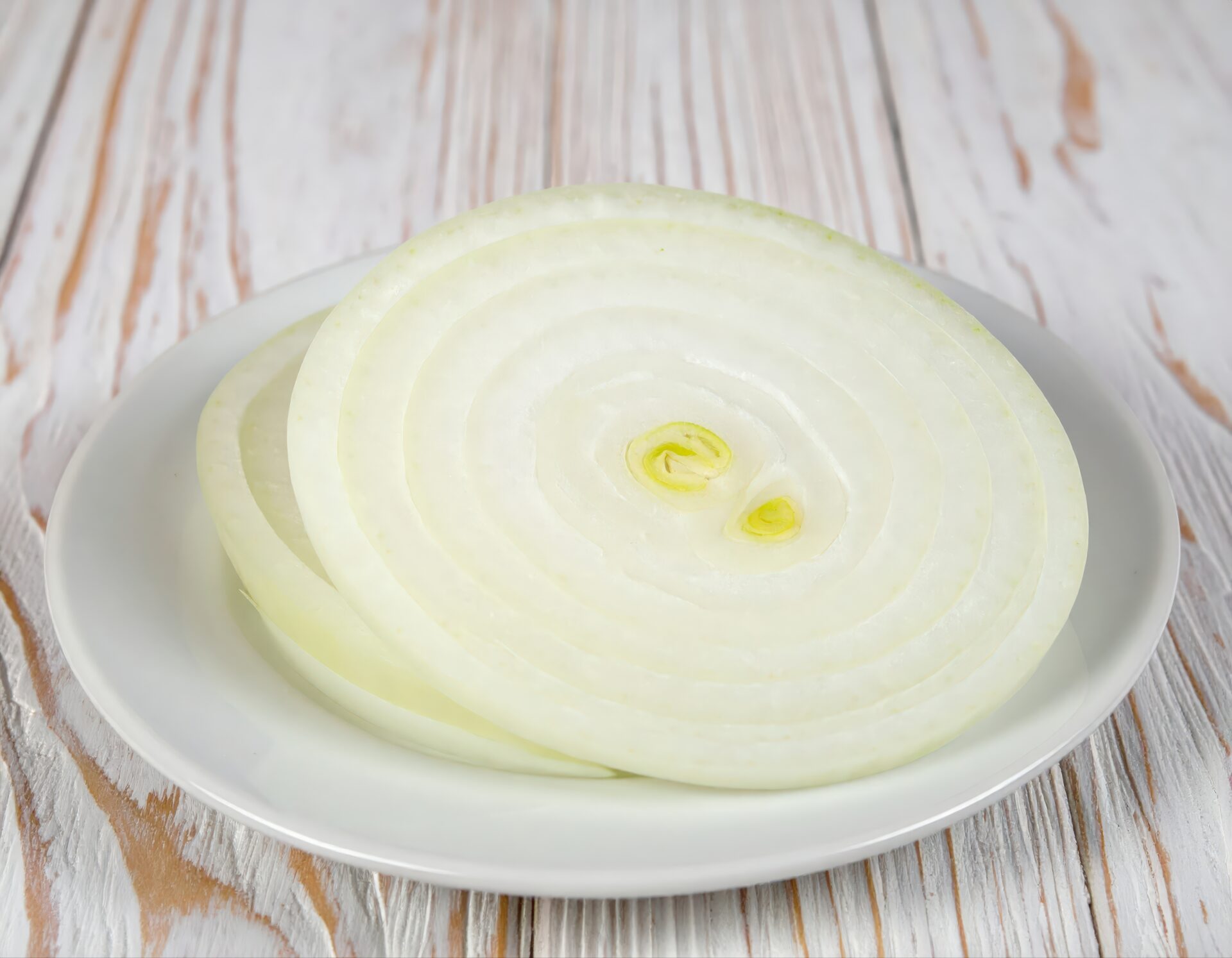 白い皿に並べた玉ねぎの輪切り