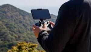 ドローンを操作する後ろ姿の男性