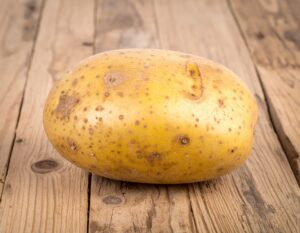 木のテーブルに置かれた土付きジャガイモ
