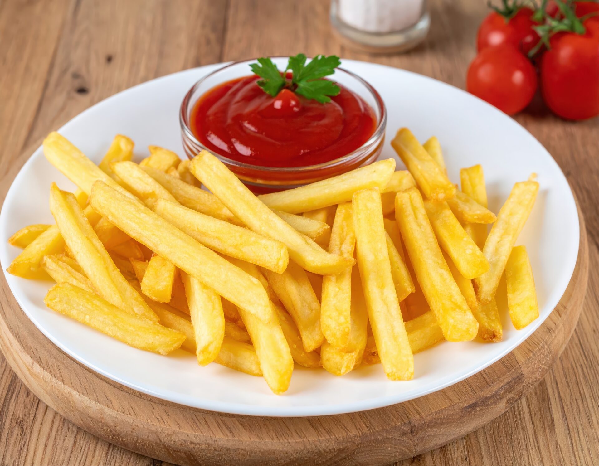 白い皿に盛られたたっぷりのフライドポテトとケチャップ