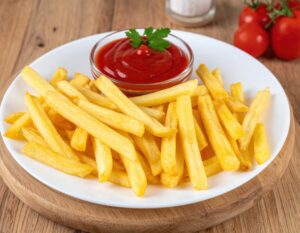 白い皿に盛られたたっぷりのフライドポテトとケチャップ