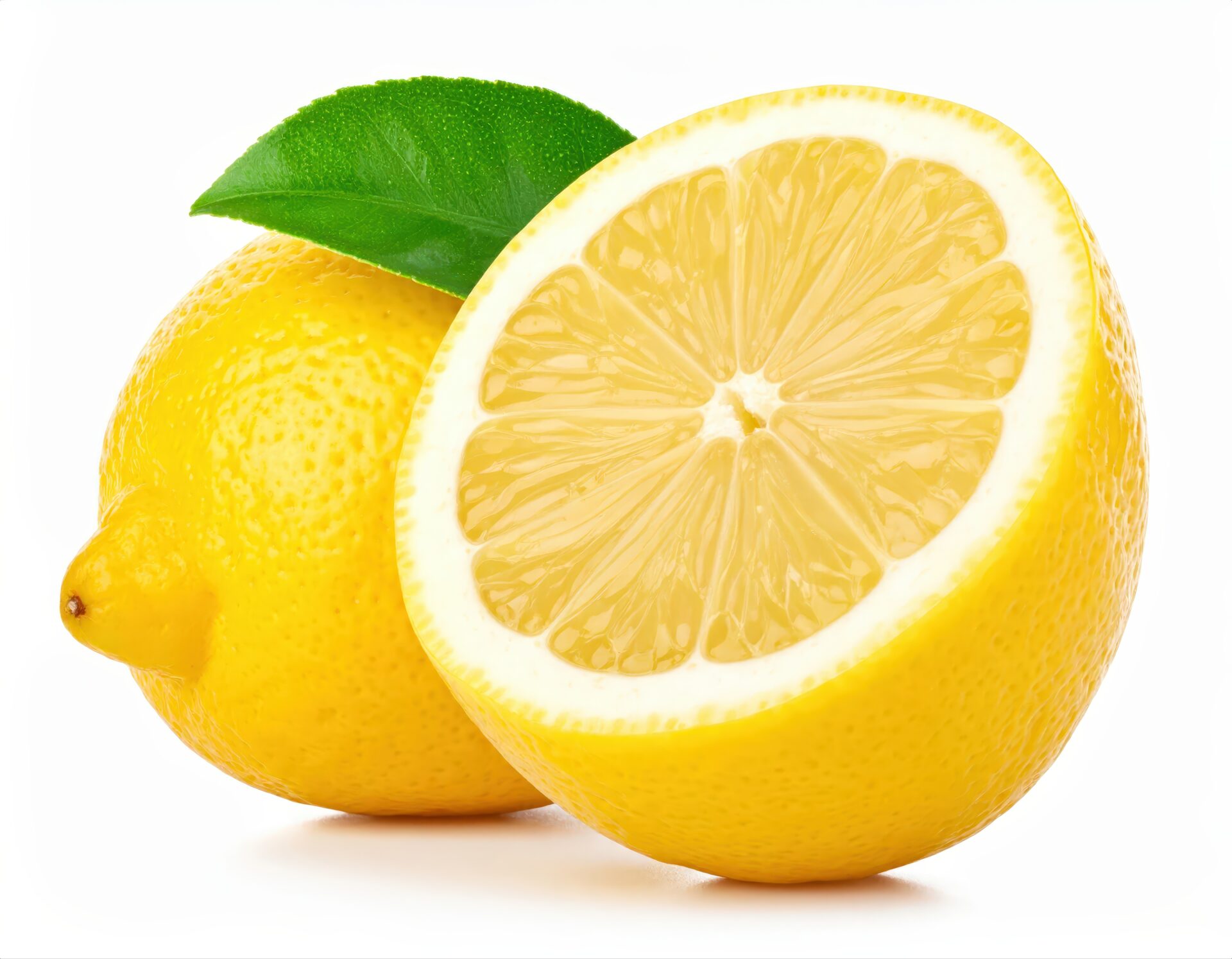 白背景に置かれたカットレモンと葉付きレモン