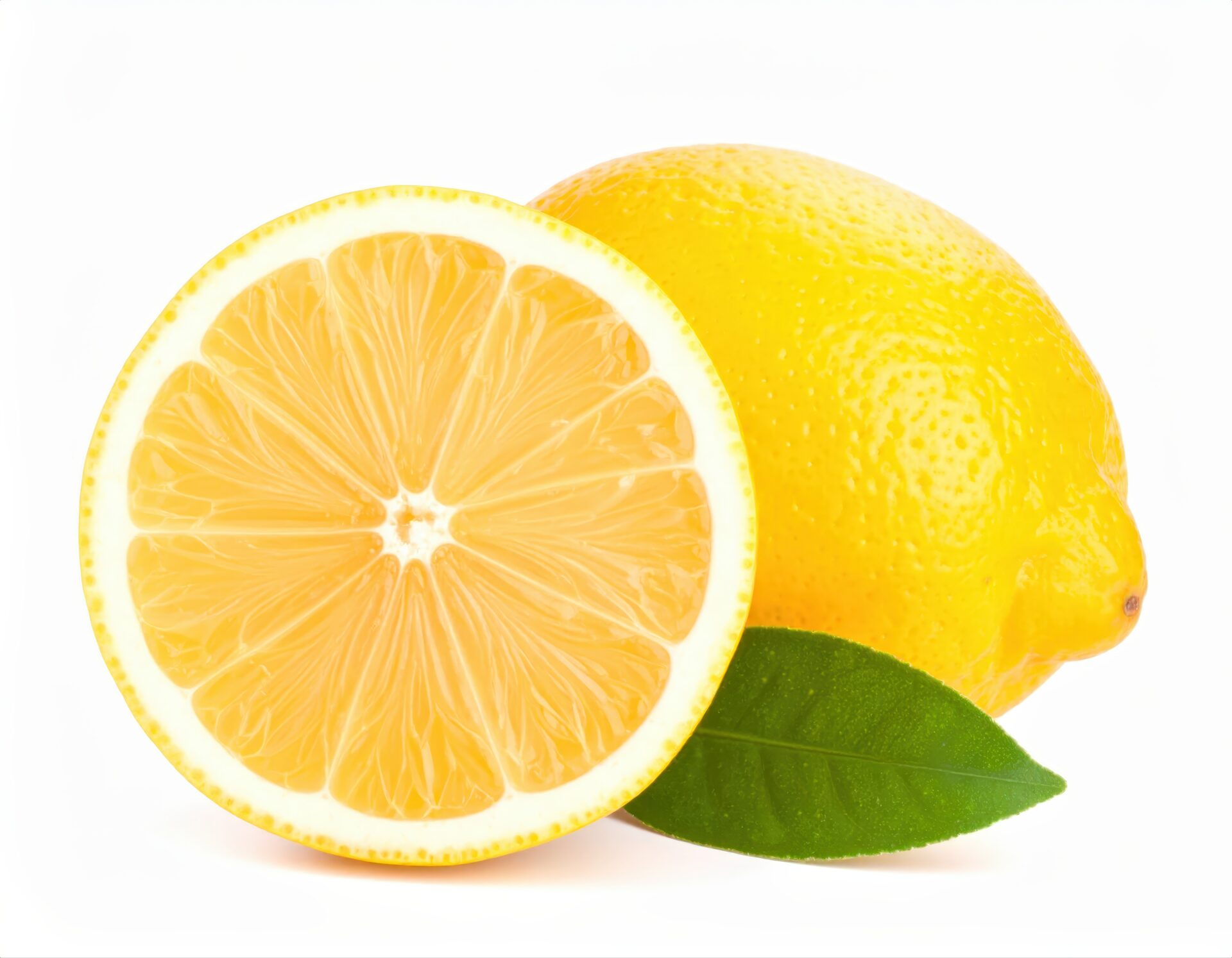 白背景に置かれたカットレモンと葉付きレモン