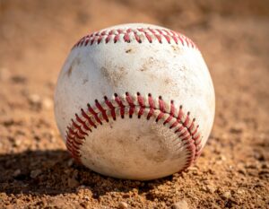 土の上に置かれた汚れた野球ボール