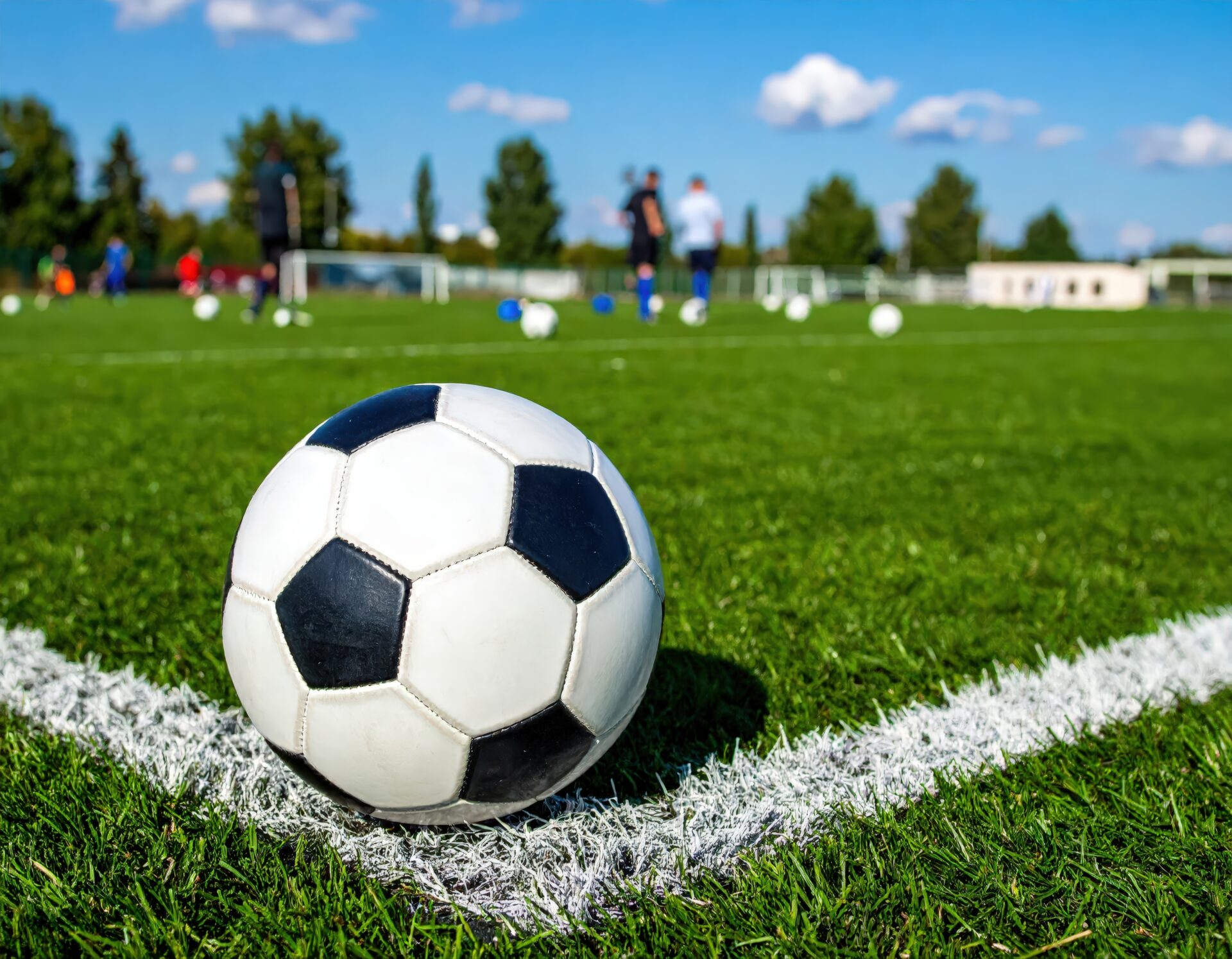 練習中のフィールドに置かれたサッカーボール