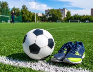 サッカーグラウンドに置かれたサッカーボールと青いシューズ