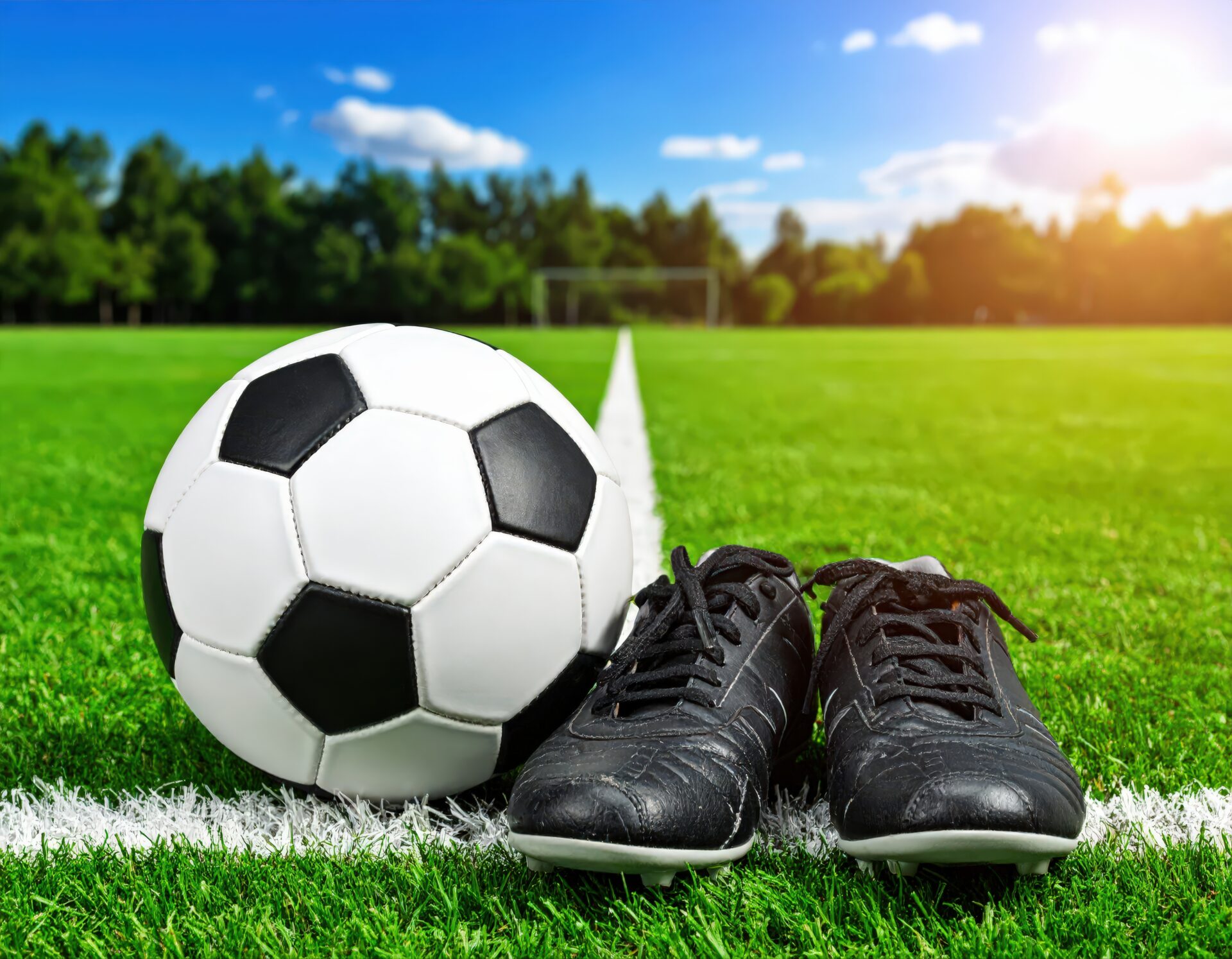 芝生のライン上に置かれたサッカーボールと黒いシューズ