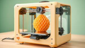 黄色の幾何学模様を印刷する3Dプリンター