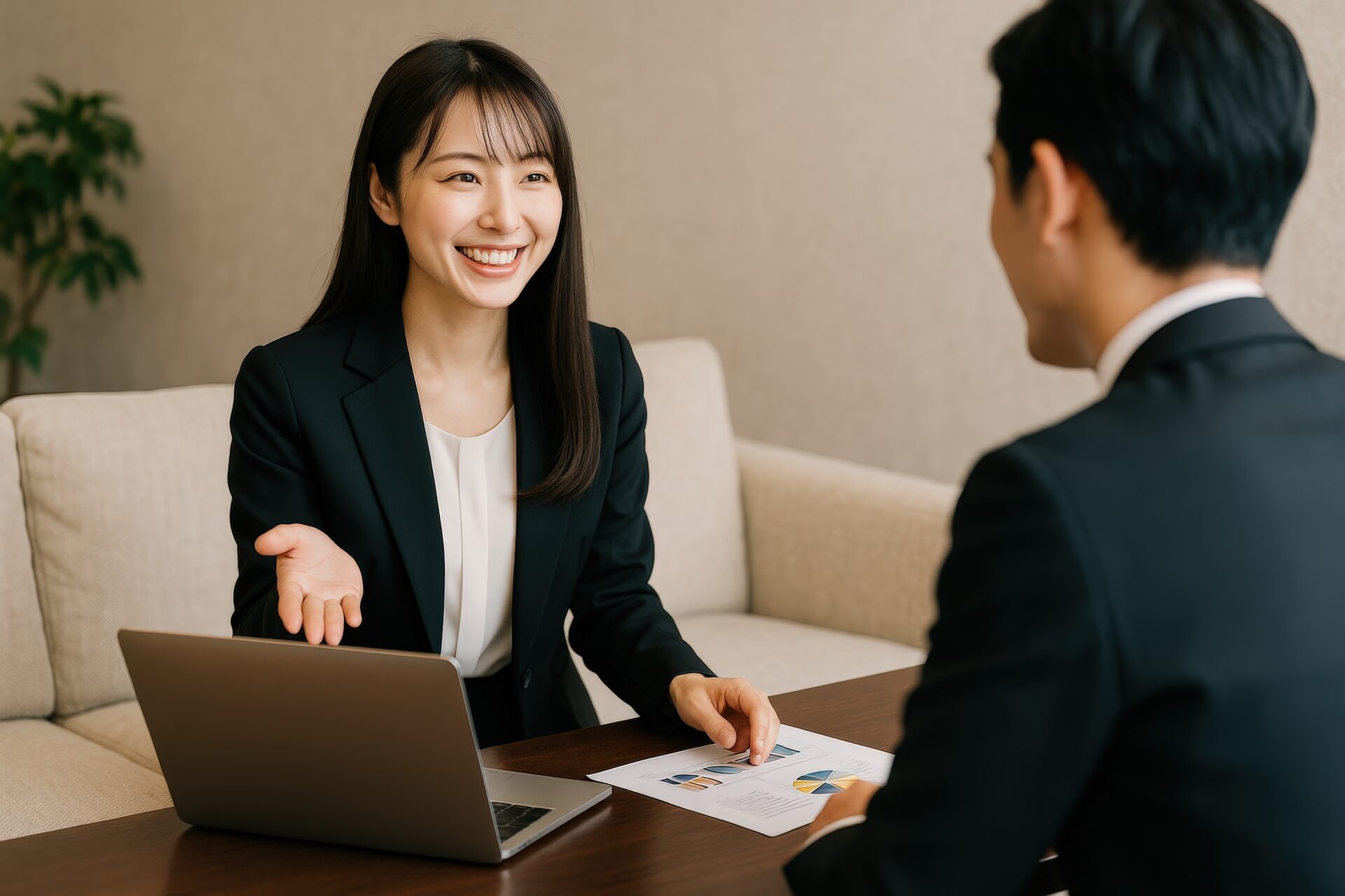 ビジネススーツの男女がノートパソコンと資料を使って提案を行う場面