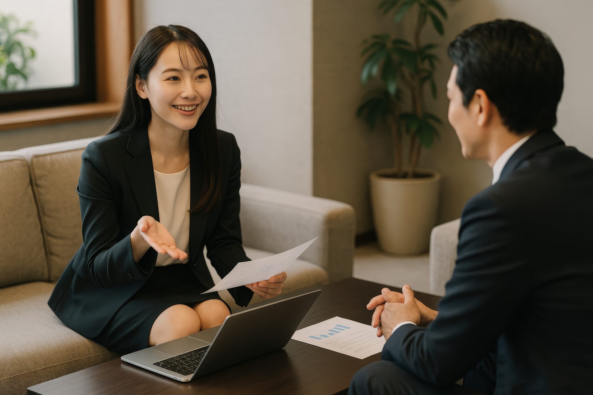 ビジネススーツの男女がオフィスでプレゼン資料を見せながら説明する様子