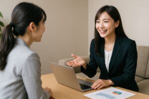 ビジネススーツの女性と女性クライアントがノートパソコンと資料を使って商談