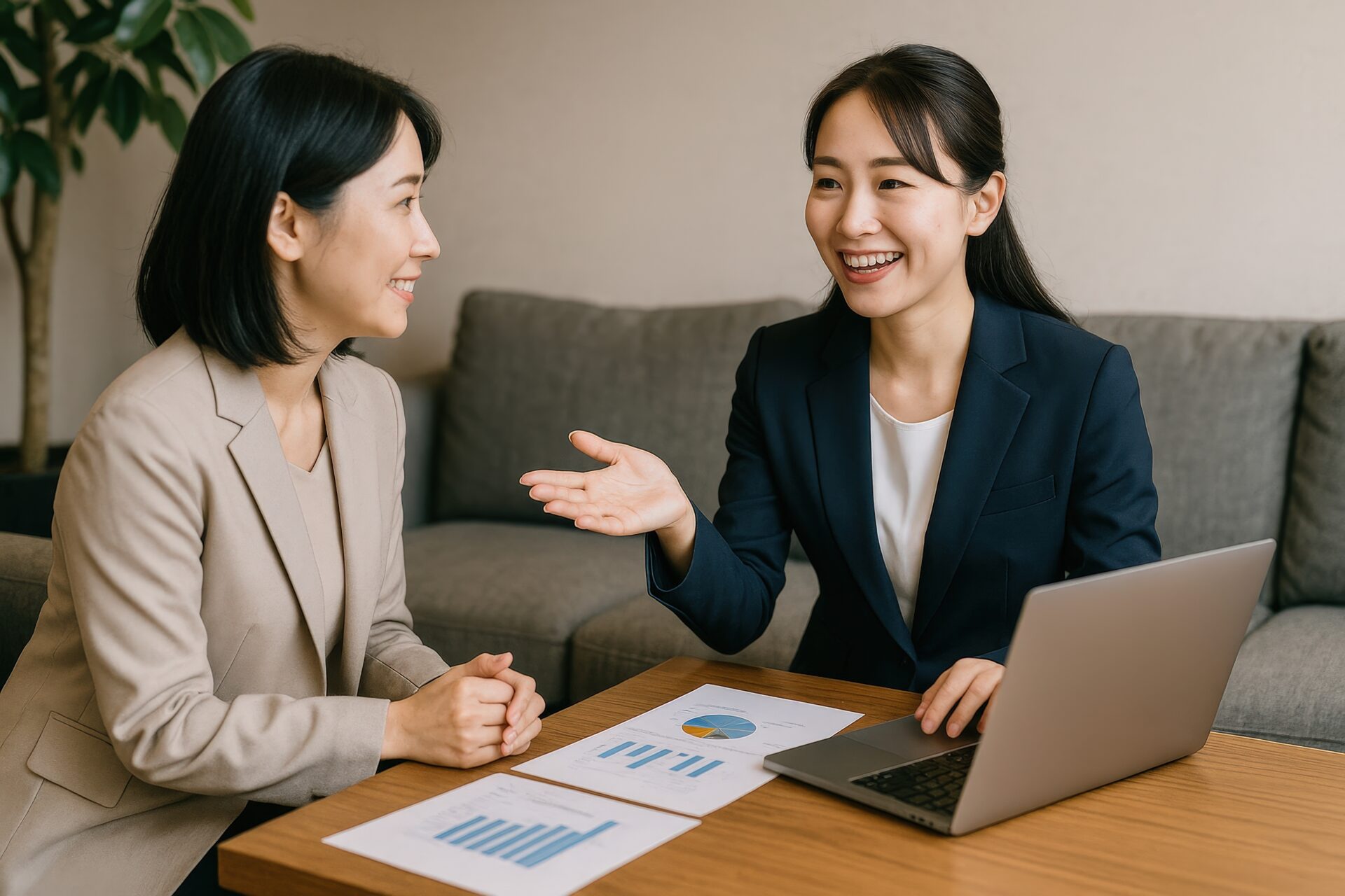 ビジネススーツの女性と女性クライアントが提案について話し合う場面