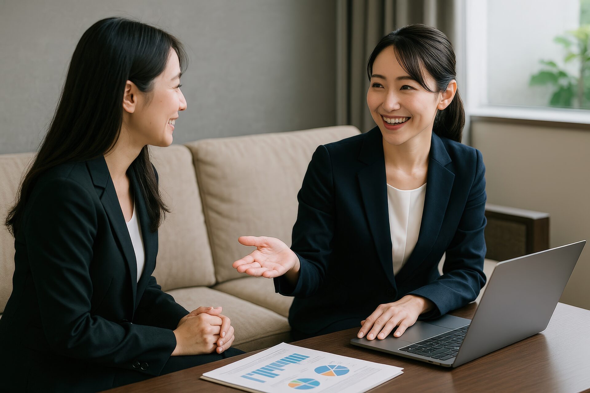 ビジネススーツの女性と女性クライアントがノートパソコンと資料を見ながら会議