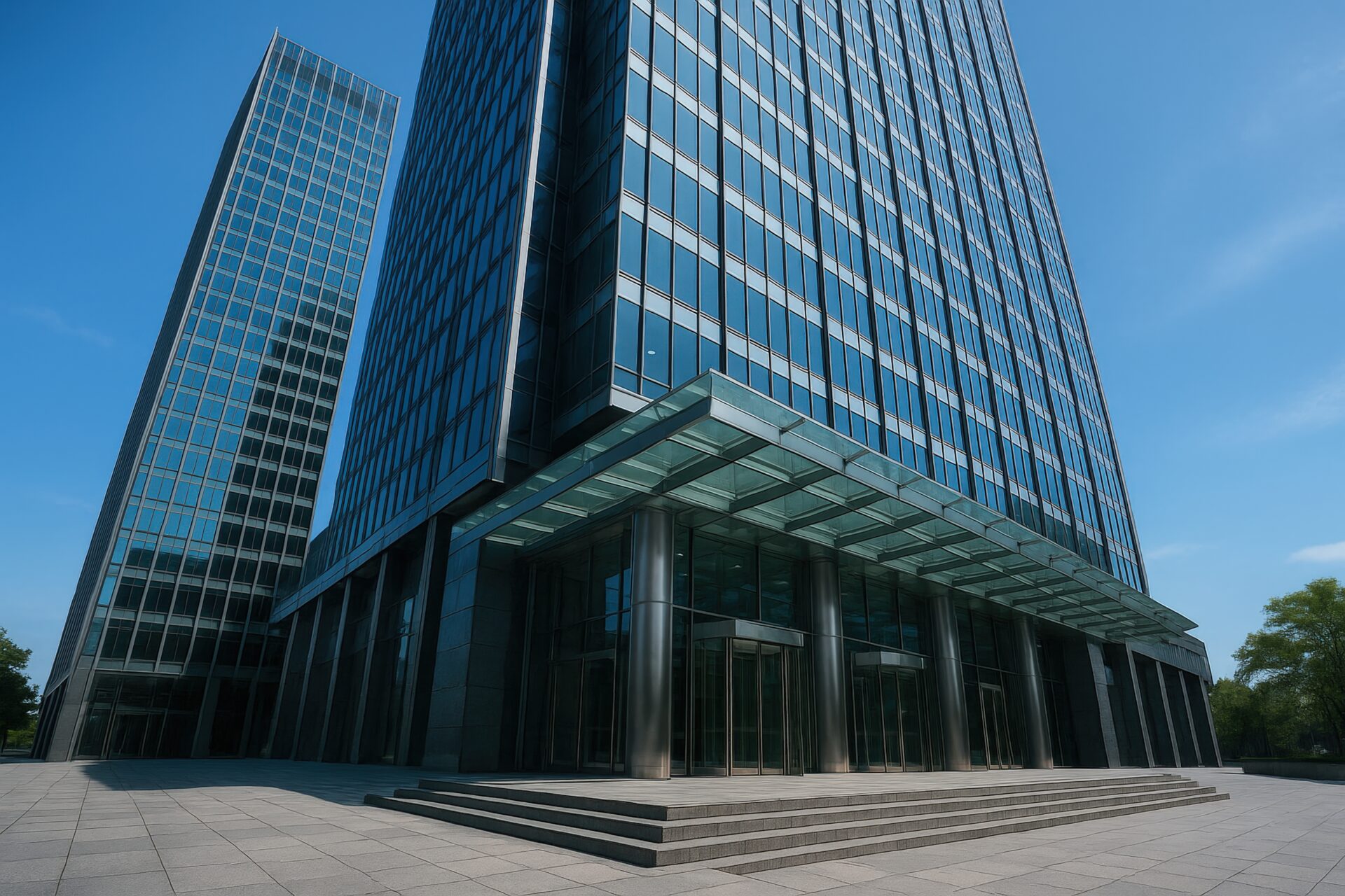 ガラス張りの高層オフィスビルと青空