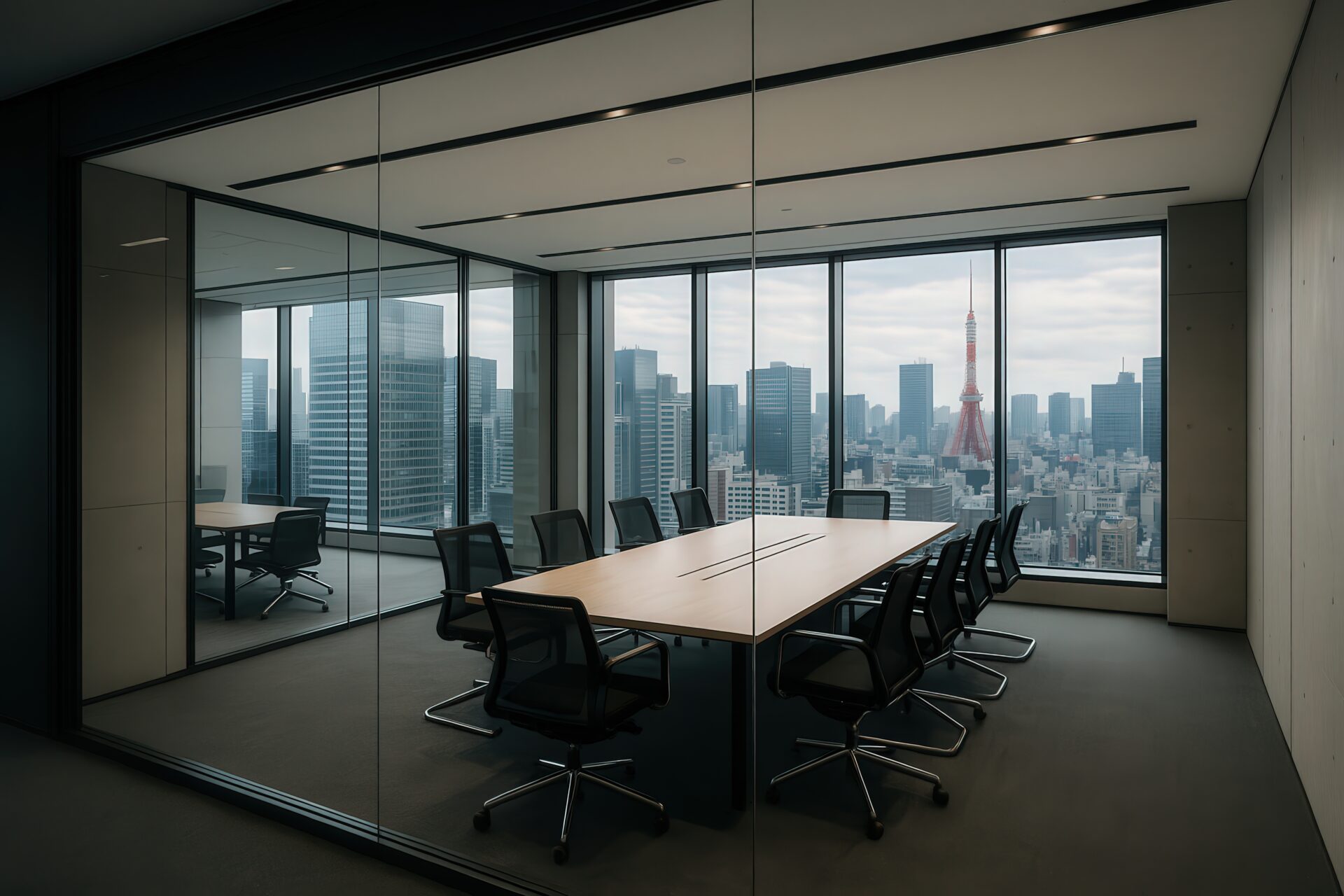 東京タワーが見える近代的な会議室