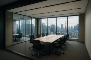 東京タワーが見える近代的な会議室