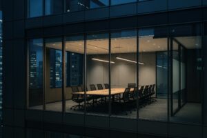 夜のビルにあるスタイリッシュな会議室
