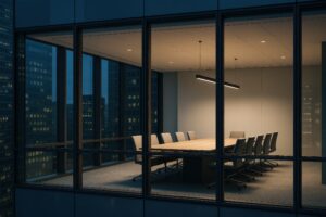 夜間の高層ビルにあるモダンな会議室