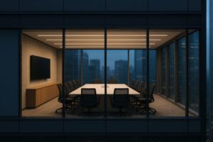 夜景とともに映えるシンプルな会議室