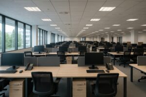 窓際に並ぶパソコン付きデスクが広がるオフィスフロア