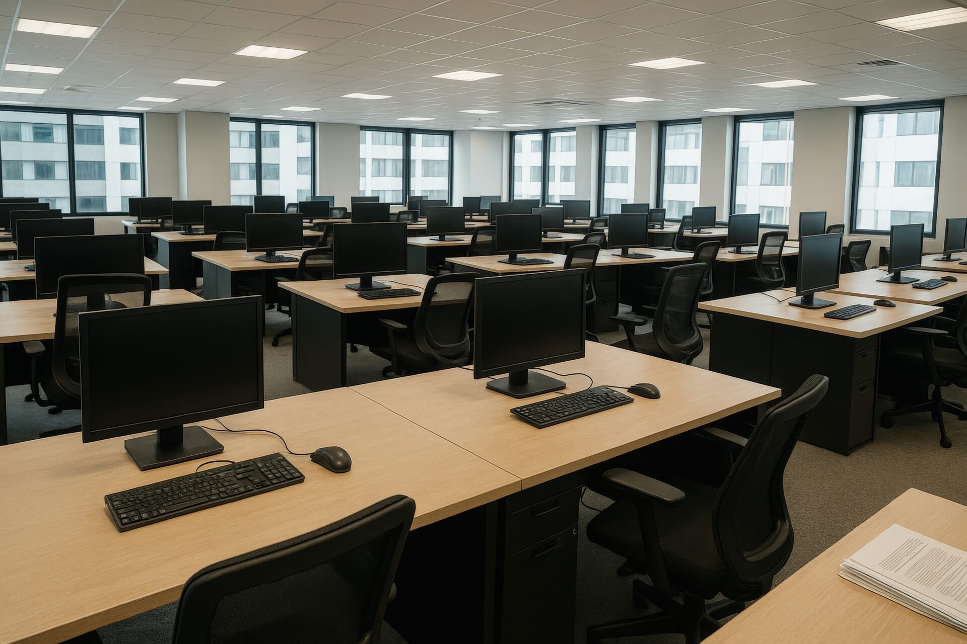 整然としたデスクとパソコンが並ぶオープンスペース