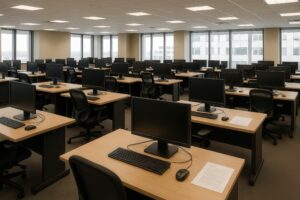 木目調のデスクが並ぶ開放的なオフィスエリア