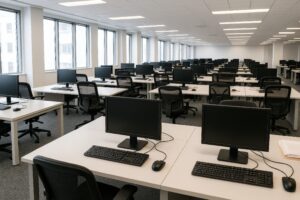 明るい窓際のオープンな執務スペース