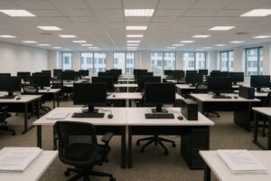 明るく開放感のあるパソコンデスクが並ぶオフィス