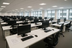 白を基調としたパソコンデスクが並ぶ明るいオフィスフロア