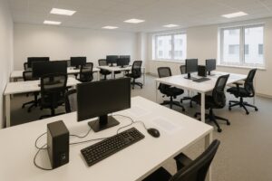 少人数用の白いデスクが配置されたシンプルなオフィス