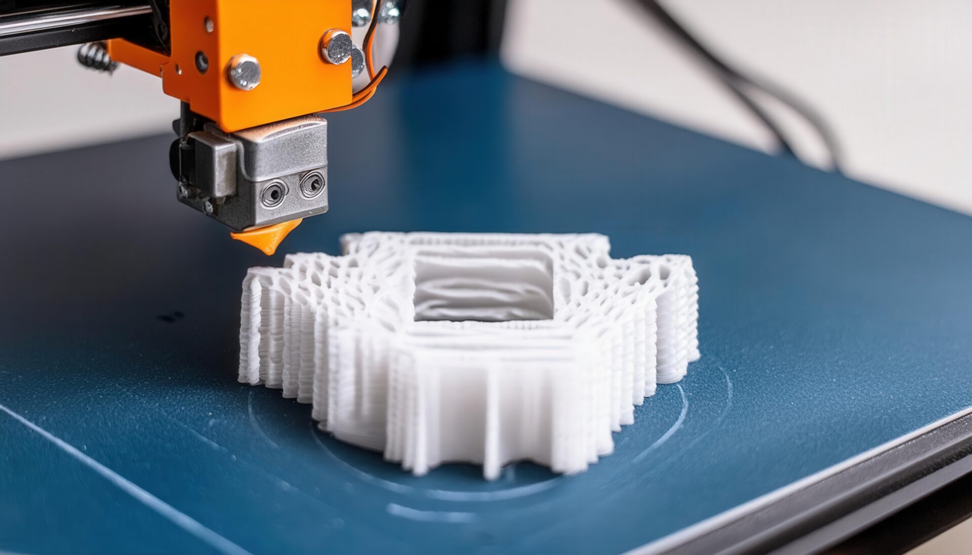 白い複雑な形状を印刷中の3Dプリンター