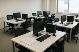 シンプルな白いデスクとパソコンが並ぶ小規模オフィス