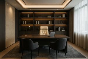 高級感のある書棚付き社長室のデスクと椅子