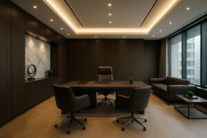 シンプルでシックな木製デスクのある役員室